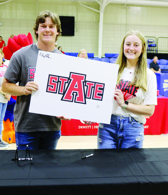 Signing with Arkansas State University in Jonesboro: Eli Ashcraft and Kelsey Holzhauer. (not pictured, Case Davis)
