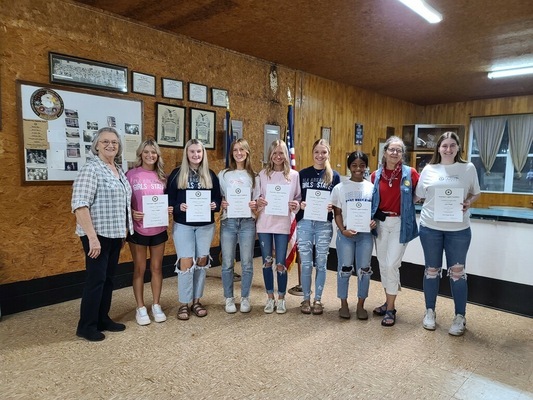 Left to right: Unit #158 Girls State Chairman Audrey Purdy, Tori Rodgers, Savanna Russell, Miranda Nelson, Kristen Sneed, Anna Rose Hall, Kaylen Phillips, Unit #158 President Rhonda Boyd, and Lydia Wright. (Not pictured are Jaden Steeland and Addison Yancey)
